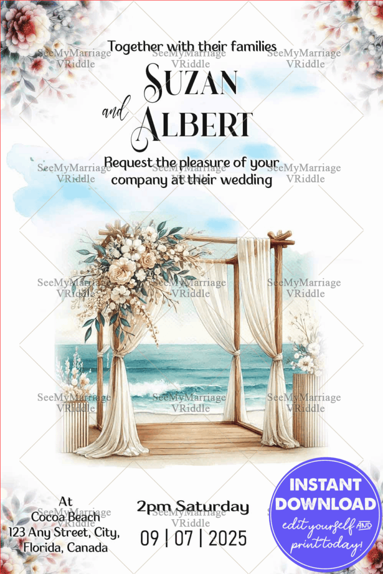 Beachfront Wedding Invite with Watercolor Florals and Ocean View Background