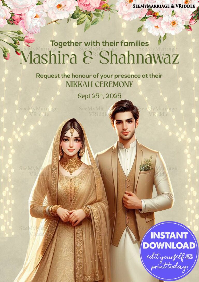 Beige and Gold-Themed Nikkah Ceremony Invitation with Couple in Traditional Attire, Florals and String Light Motifs