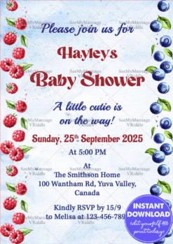 Berry-Themed Baby Shower Invitation with Watercolor Raspberries and Blueberries