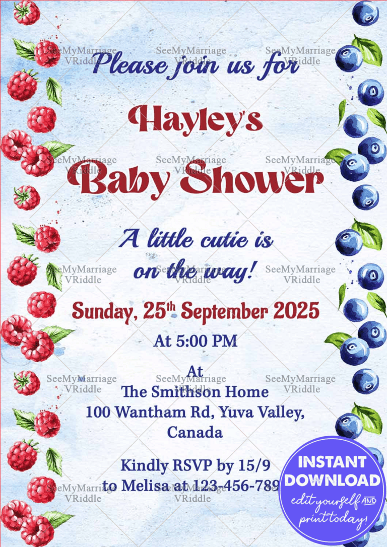 Berry-Themed Baby Shower Invitation with Watercolor Raspberries and Blueberries