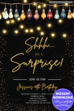 Black Background Surprise 40th Birthday Party Invitation Featuring Gold Accents and String Lights