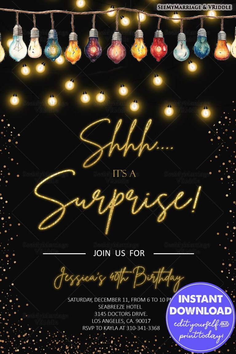 Black Background Surprise 40th Birthday Party Invitation Featuring Gold Accents and String Lights