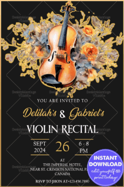 Black Background Violin Recital Invitation with Gold Floral Motifs and Border Frame