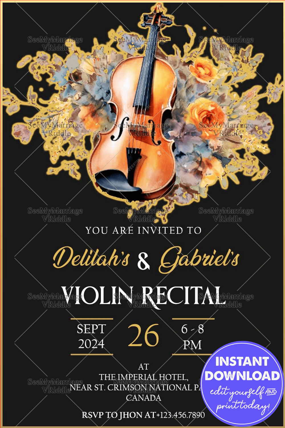 Black Background Violin Recital Invitation with Gold Floral Motifs and Border Frame