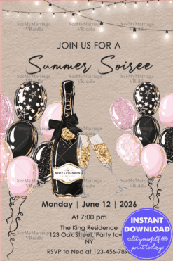 Black Pink Themed Summer Soirée Invitation with Champagne, Balloons, and String Lights