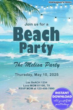 Blue Beach Party Invitation with Ocean Waves, Palm Leaves, String Lights, and Starfish Elements