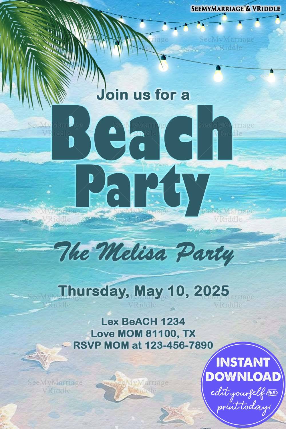 Blue Beach Party Invitation with Ocean Waves, Palm Leaves, String Lights, and Starfish Elements