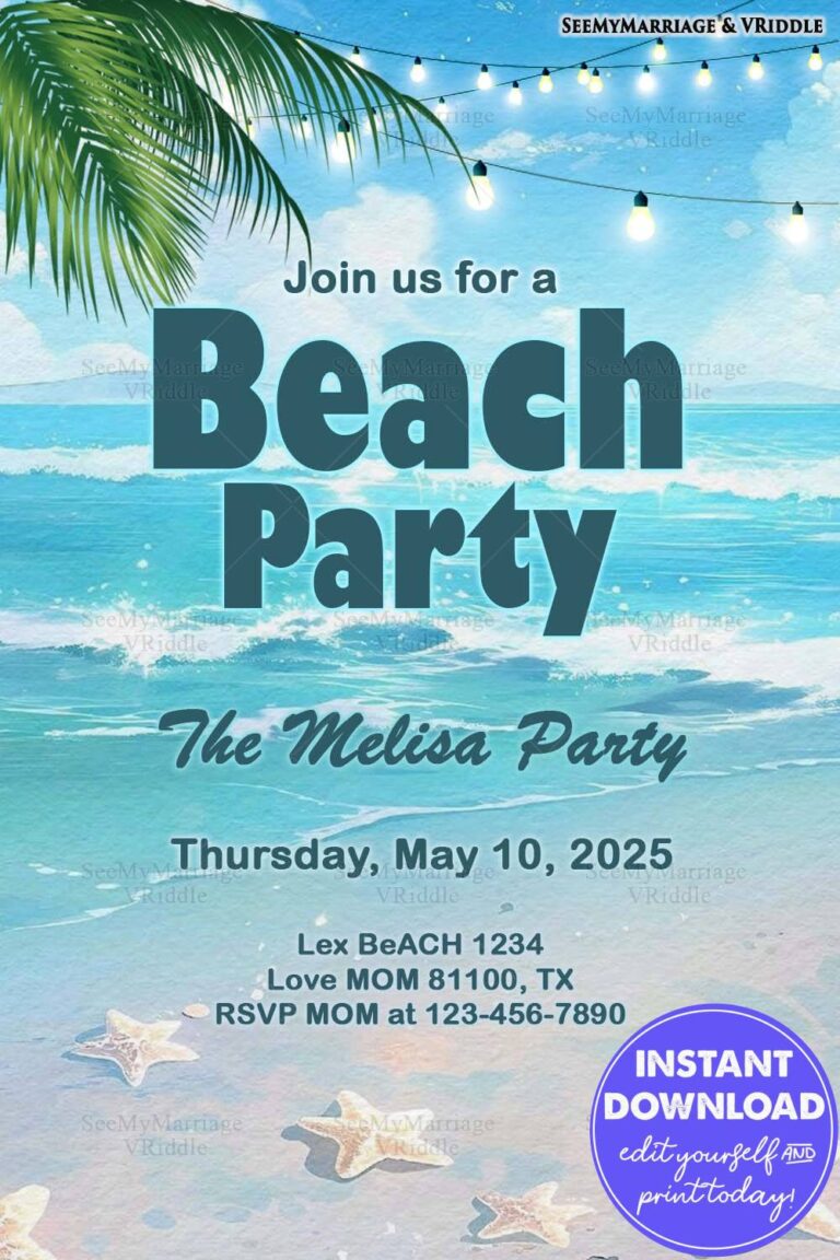 Blue Beach Party Invitation with Ocean Waves, Palm Leaves, String Lights, and Starfish Elements