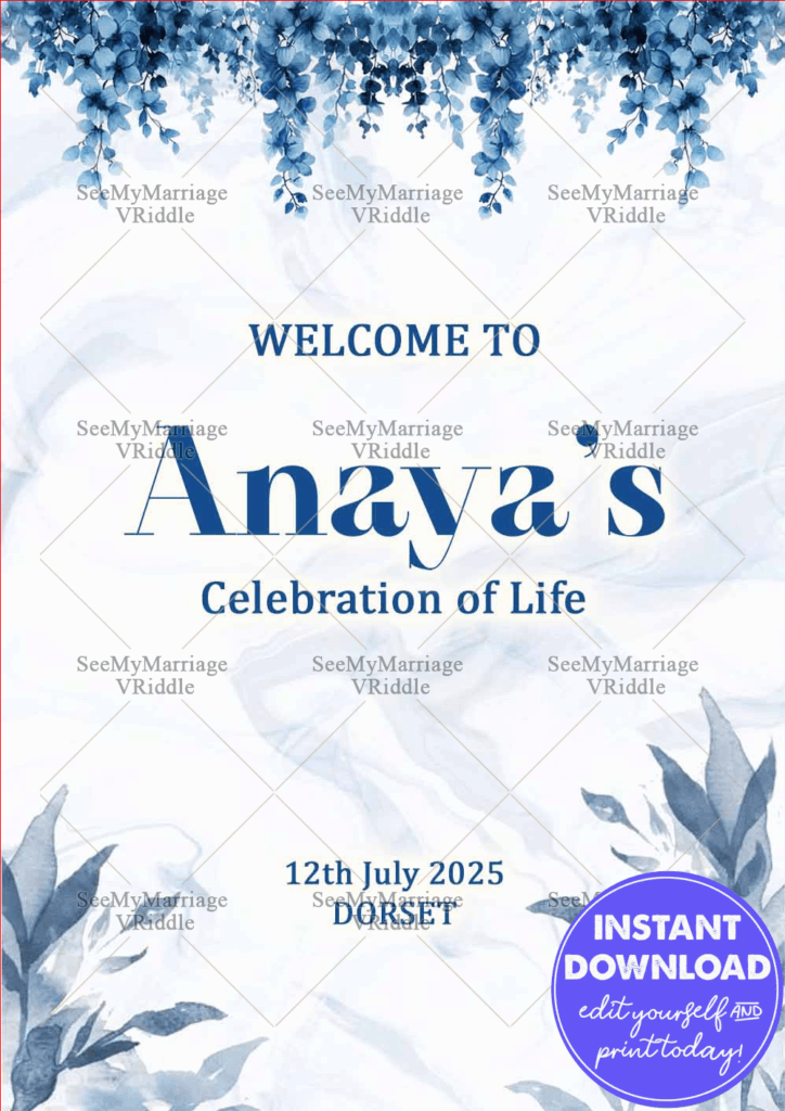 Blue-Themed Celebration of Life Banner with Cascading Florals and Watercolor Accents in Soft Pastels