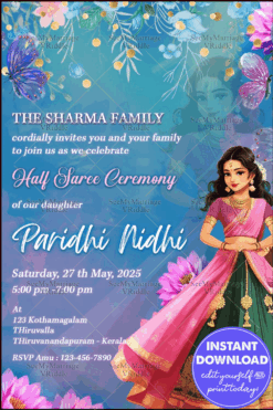 Blue Themed Half Saree Ceremony Invitation with Blue Floral Accents and Cultural Illustration
