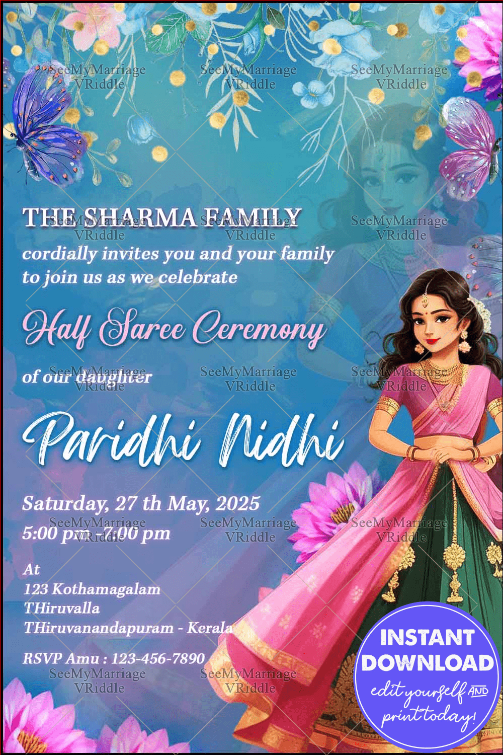 Blue Themed Half Saree Ceremony Invitation with Blue Floral Accents and Cultural Illustration