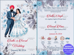 Blue-Themed Punjabi Wedding Invitation with Floral Designs, Couple Illustration and Wedding Itinerary