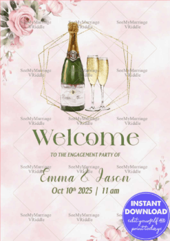 Blush Pink Engagement Party Welcome Banner with Floral Champagne Toast Theme