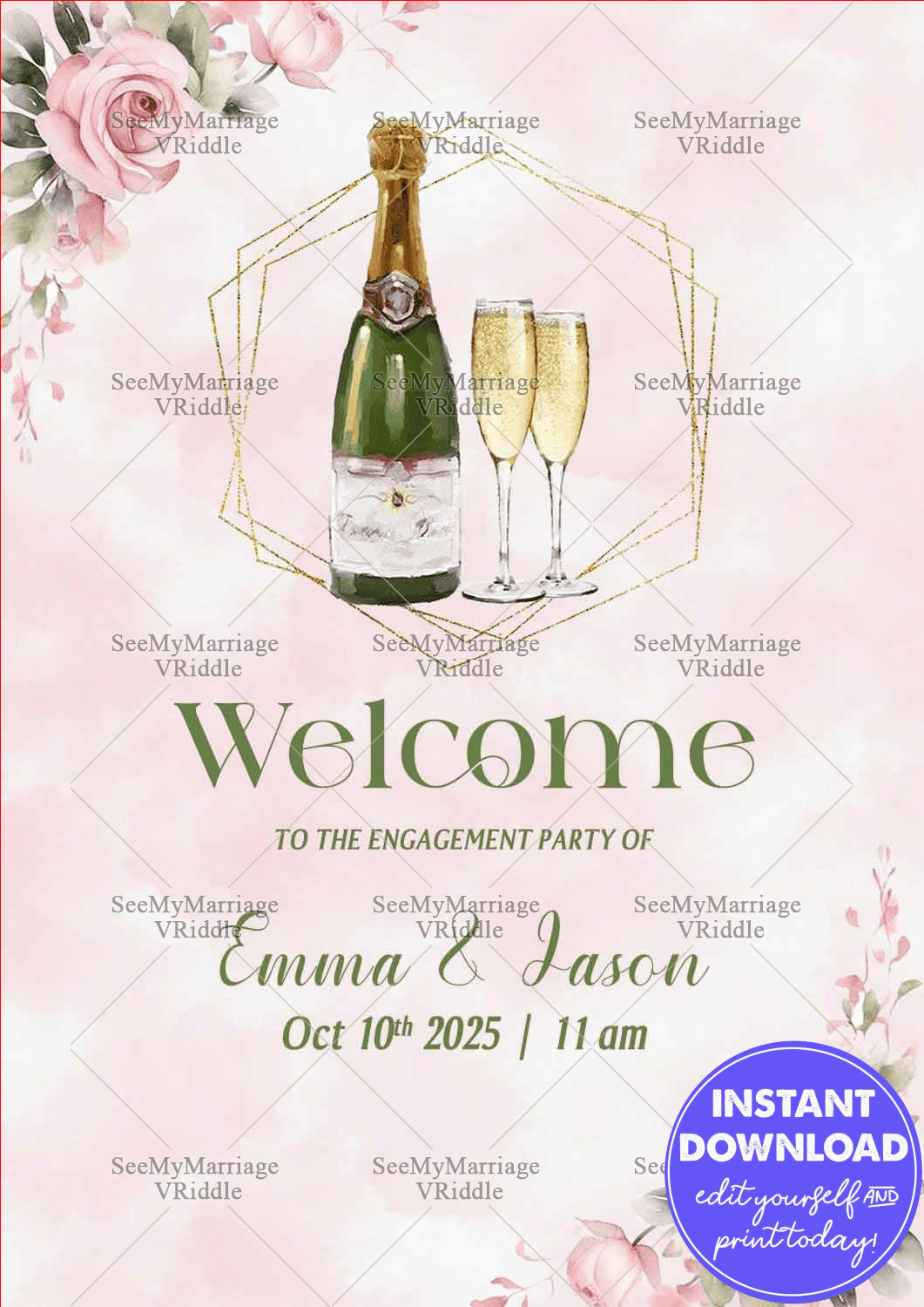 Blush Pink Engagement Party Welcome Banner with Floral Champagne Toast Theme