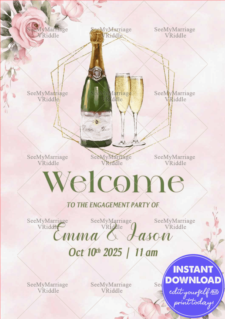Blush Pink Engagement Party Welcome Banner with Floral Champagne Toast Theme
