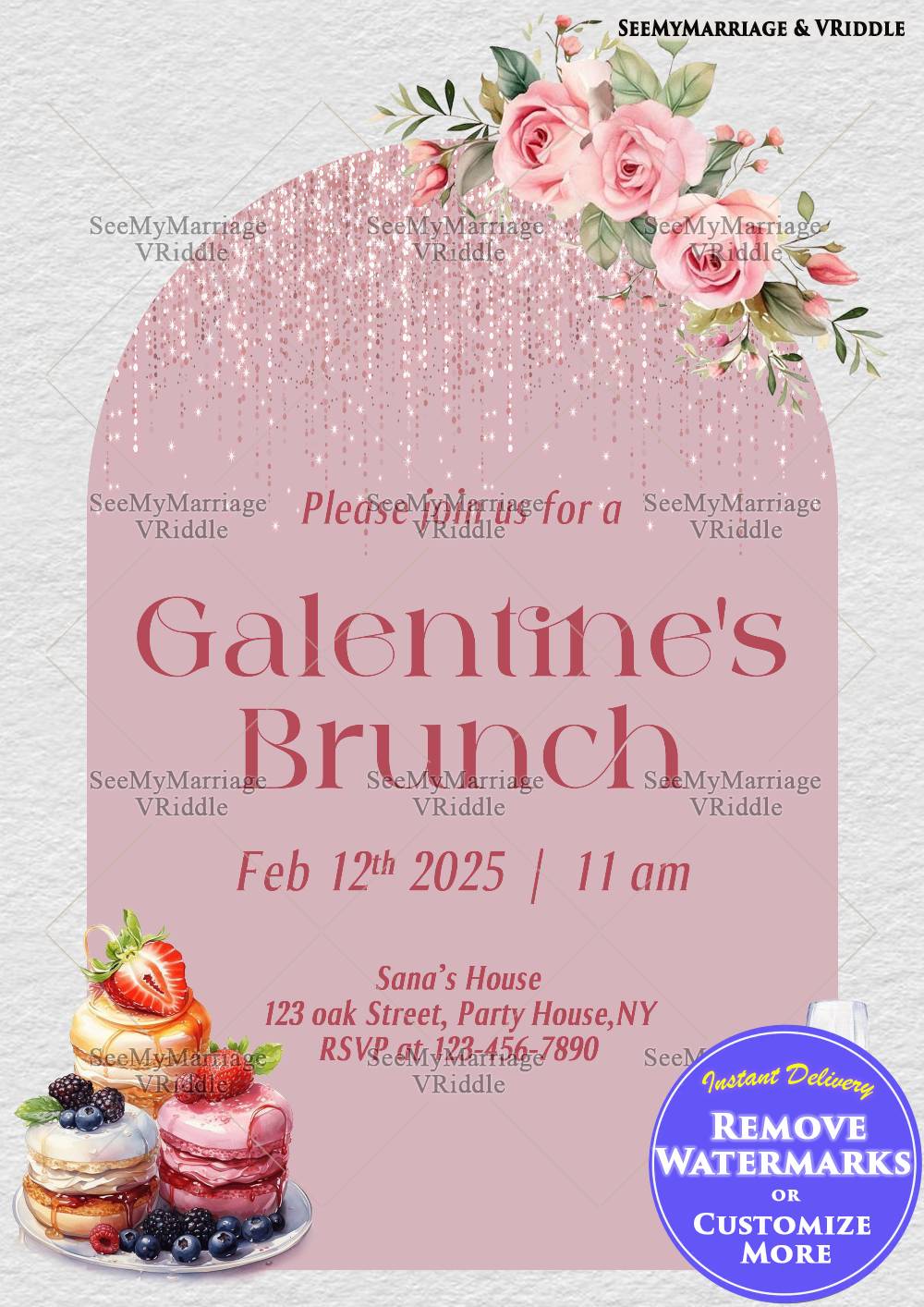 Blush Pink Galentine's Brunch Invitation with Roses and Sweet Treats