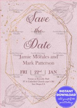 Blush Pink Save the Date Invite with Elegant Floral Sketches and Gold Accents