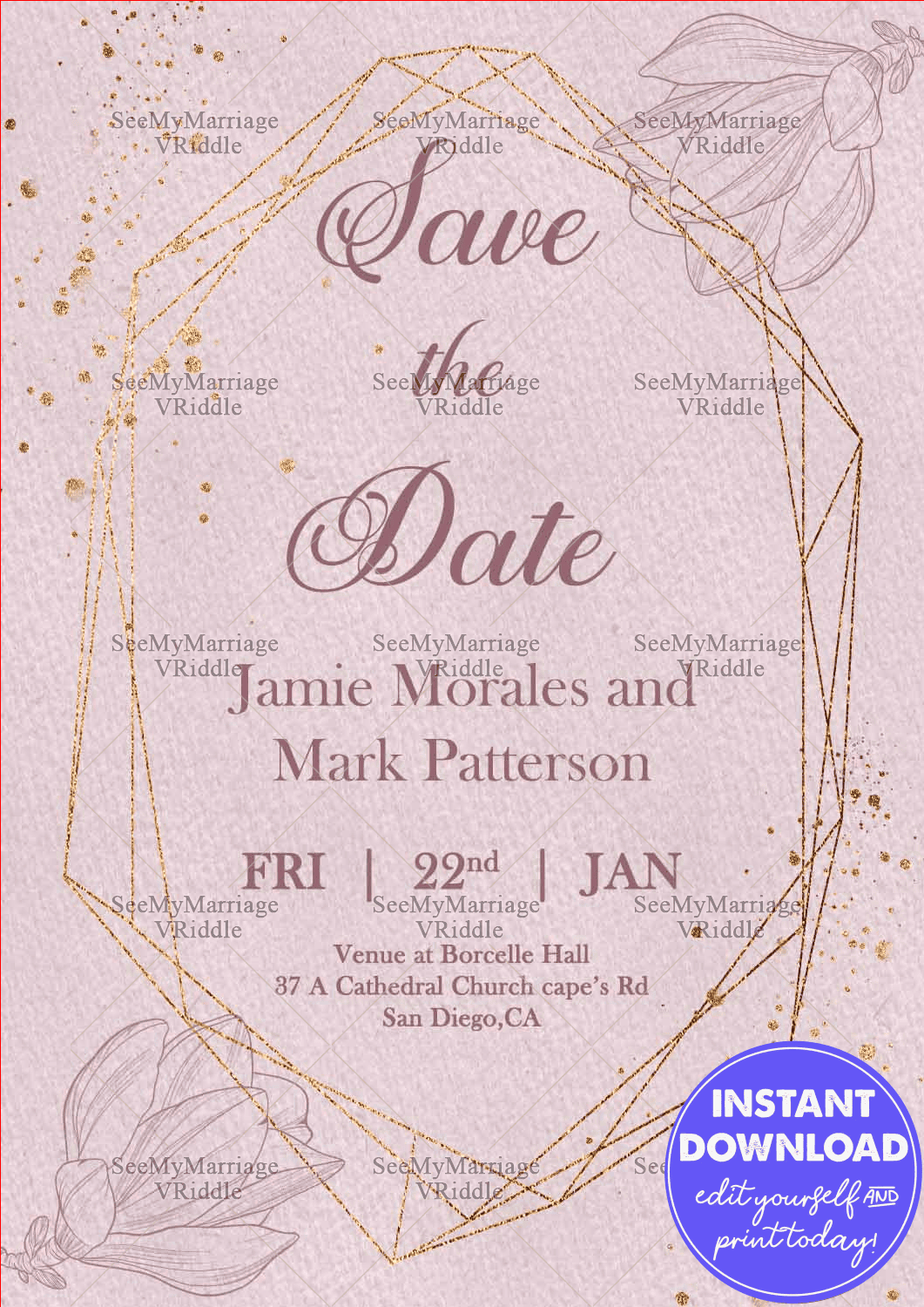 Blush Pink Save the Date Invite with Elegant Floral Sketches and Gold Accents