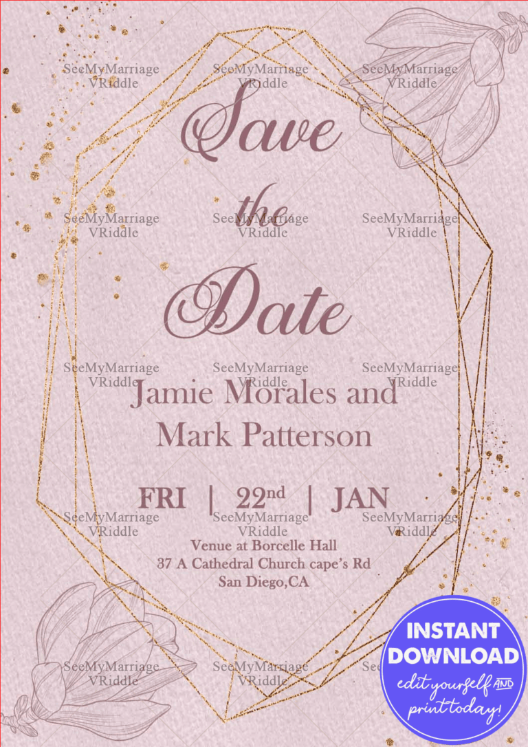 Blush Pink Save the Date Invite with Elegant Floral Sketches and Gold Accents