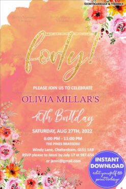 Bright Floral 40th Birthday Invitation in Peachy Watercolour Background with White and Gold Accents