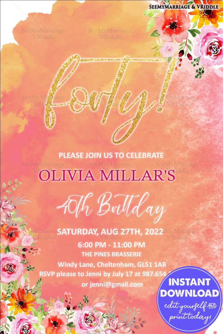 Bright Floral 40th Birthday Invitation in Peachy Watercolour Background with White and Gold Accents