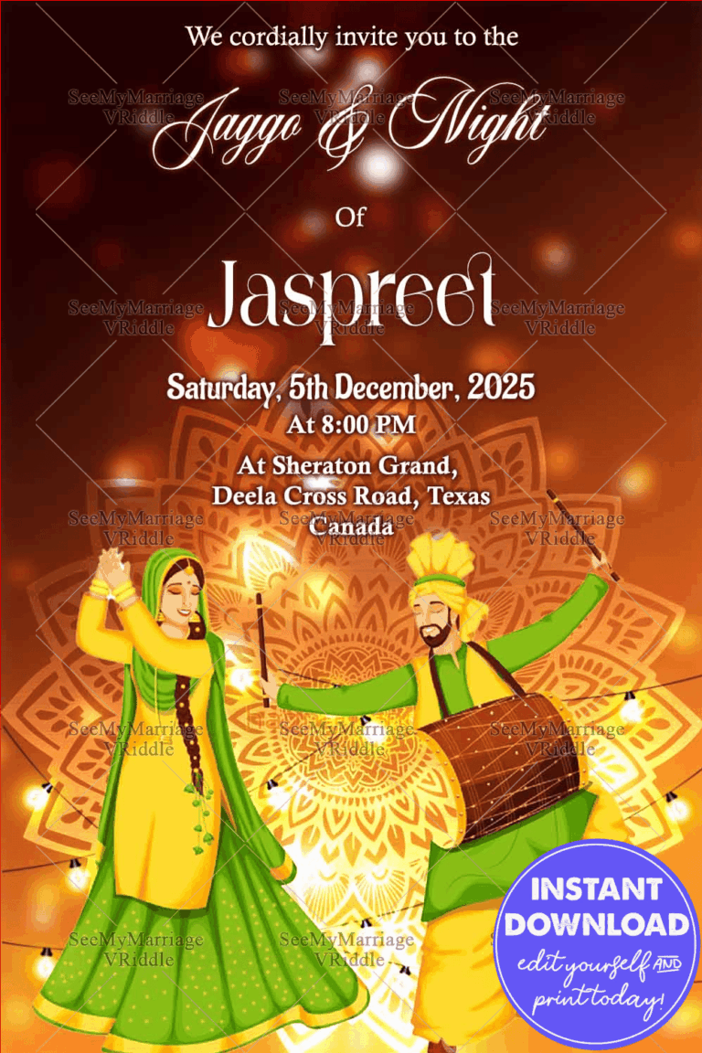 Bright Punjabi Jaggo Night Invitation with Bhangra Illustrations and Festive Golden Mandala Background