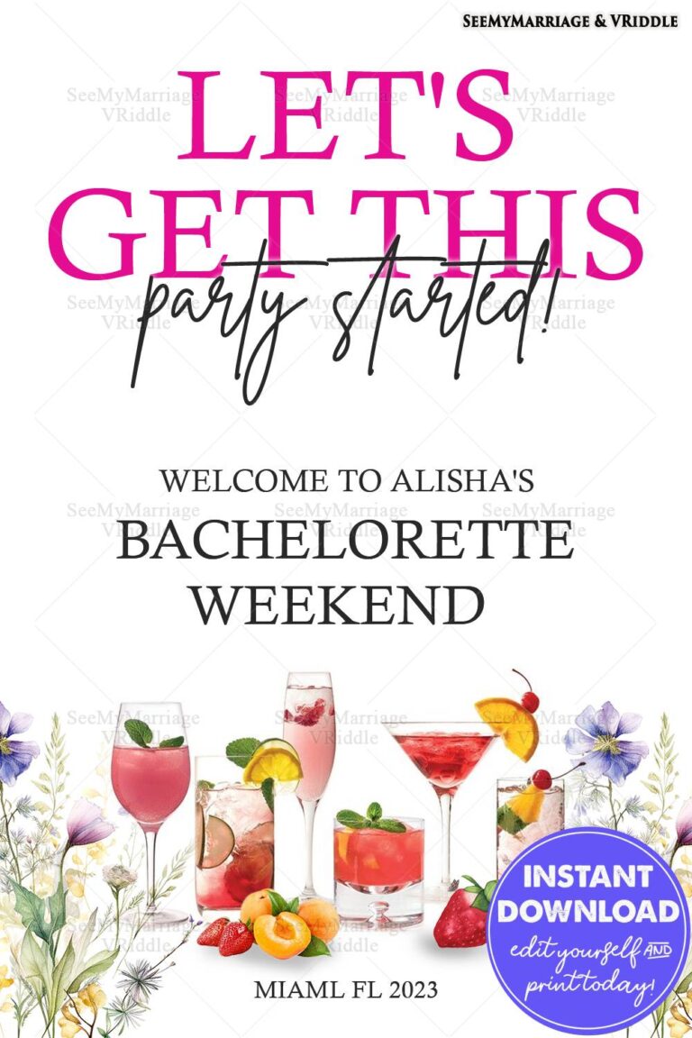 Bright and Fun Bachelorette Party Weekend Welcome Poster with Cocktails and Floral Touches