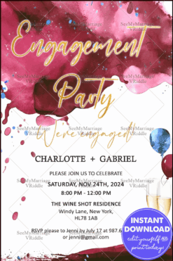 Burgundy and Gold Watercolor Engagement Invitation with Balloons and Champagne Accents