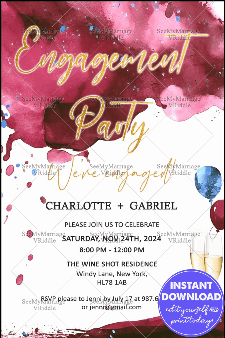 Burgundy and Gold Watercolor Engagement Invitation with Balloons and Champagne Accents