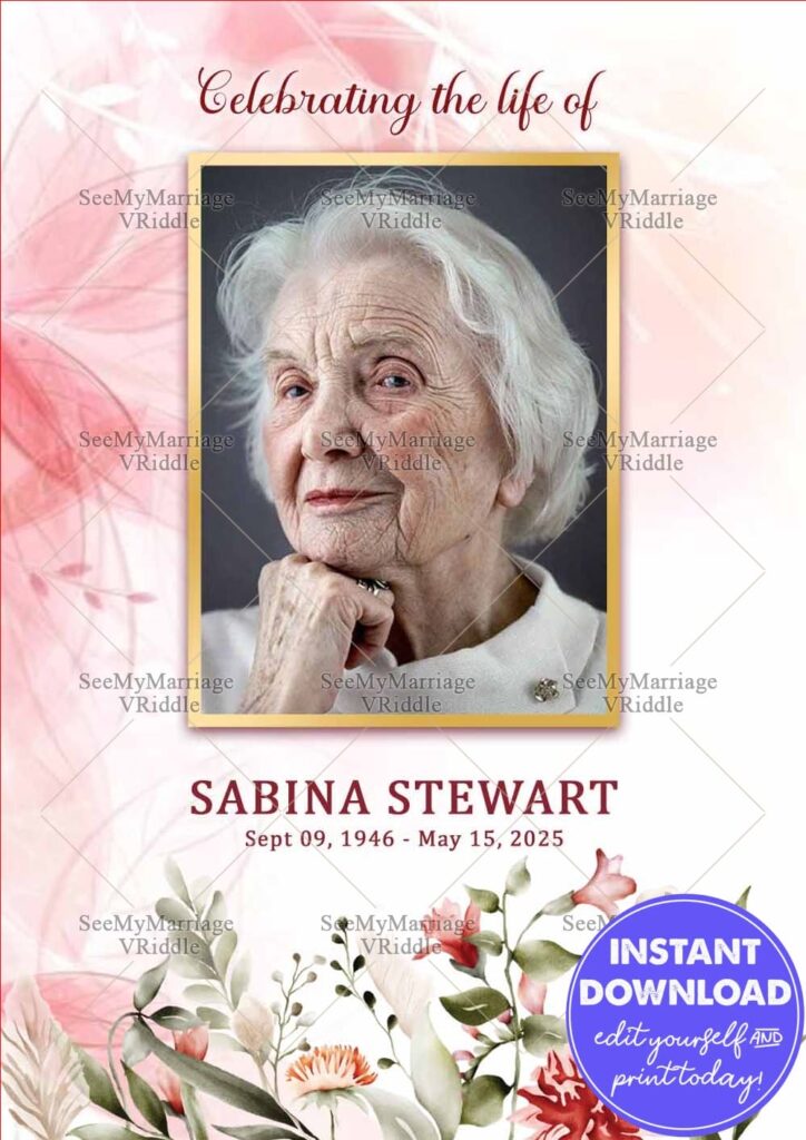 Celebration of Life Card with Floral Accents and Golden Portrait Frame on a Soft Pink Background