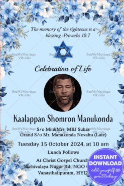 Celebration of Life Invitation with Blue Florals and Star of David Symbol for a Faithful Tribute