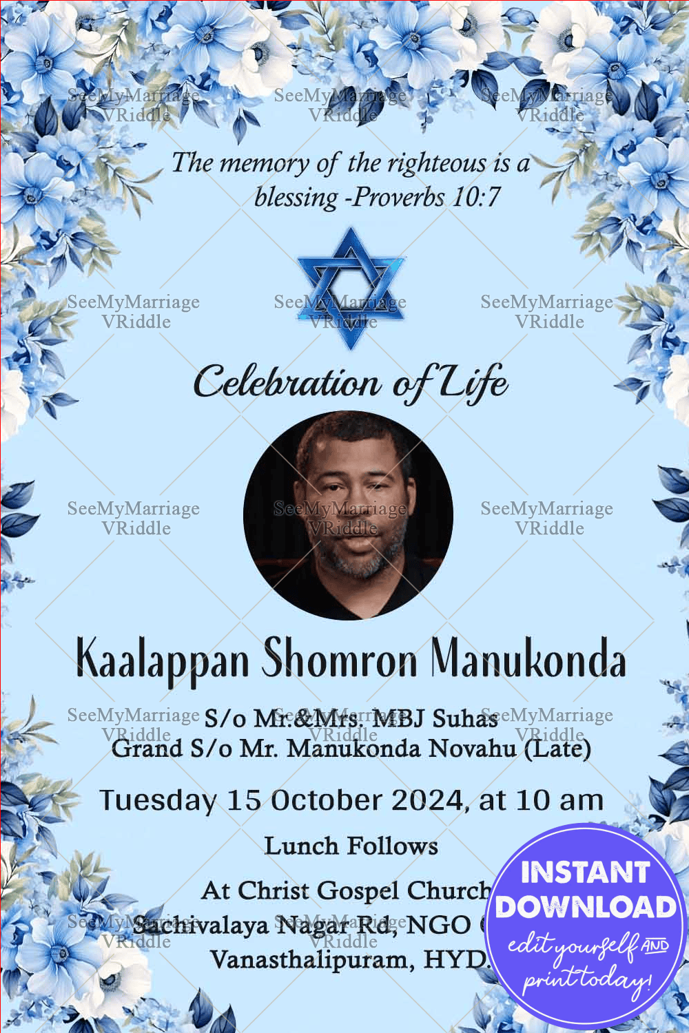 Celebration of Life Invitation with Blue Florals and Star of David Symbol for a Faithful Tribute