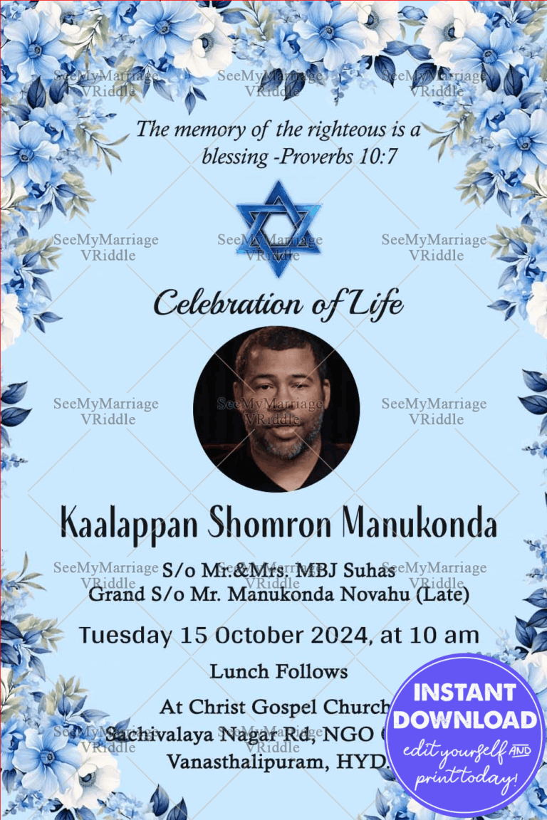Celebration of Life Invitation with Blue Florals and Star of David Symbol for a Faithful Tribute