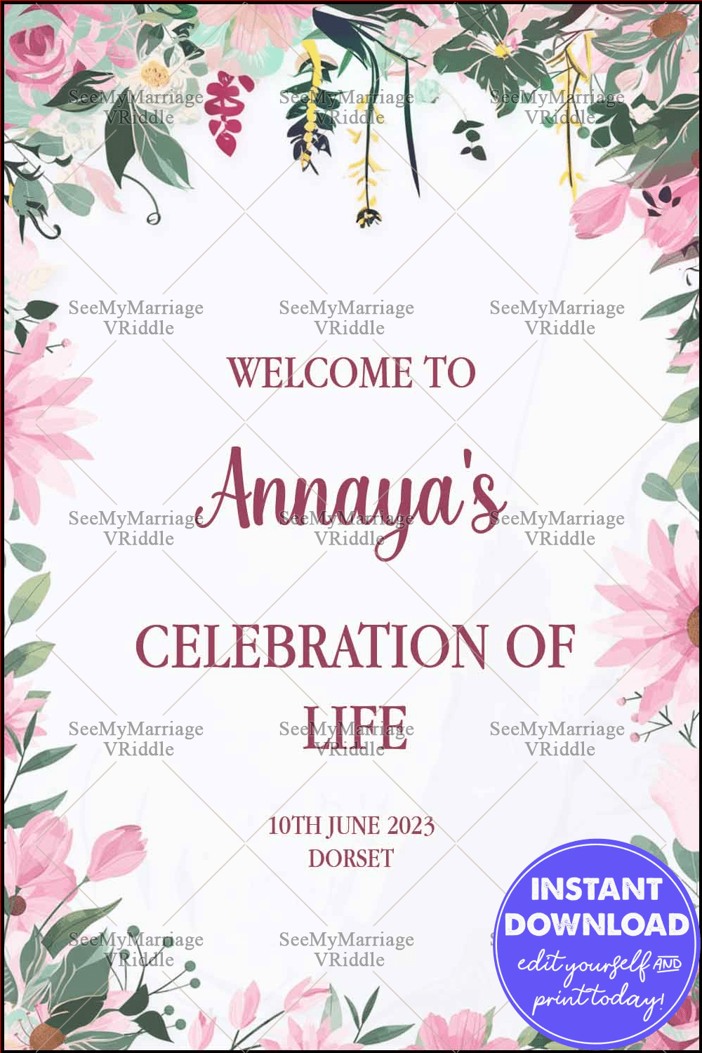 Celebration of Life Welcome Banner with Elegant Typography and Greenery in Soft Pastel Shades
