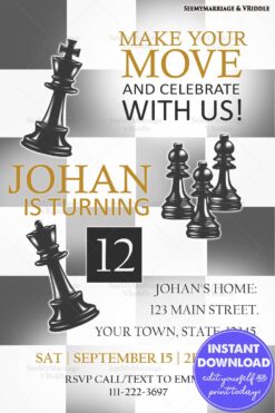 Chess-Themed 12th Birthday Invitation with Black and White Pieces on a Classic Checkered Background