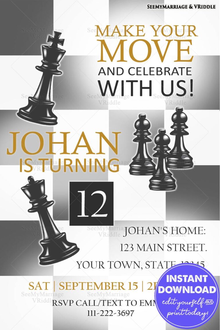 Chess-Themed 12th Birthday Invitation with Black and White Pieces on a Classic Checkered Background