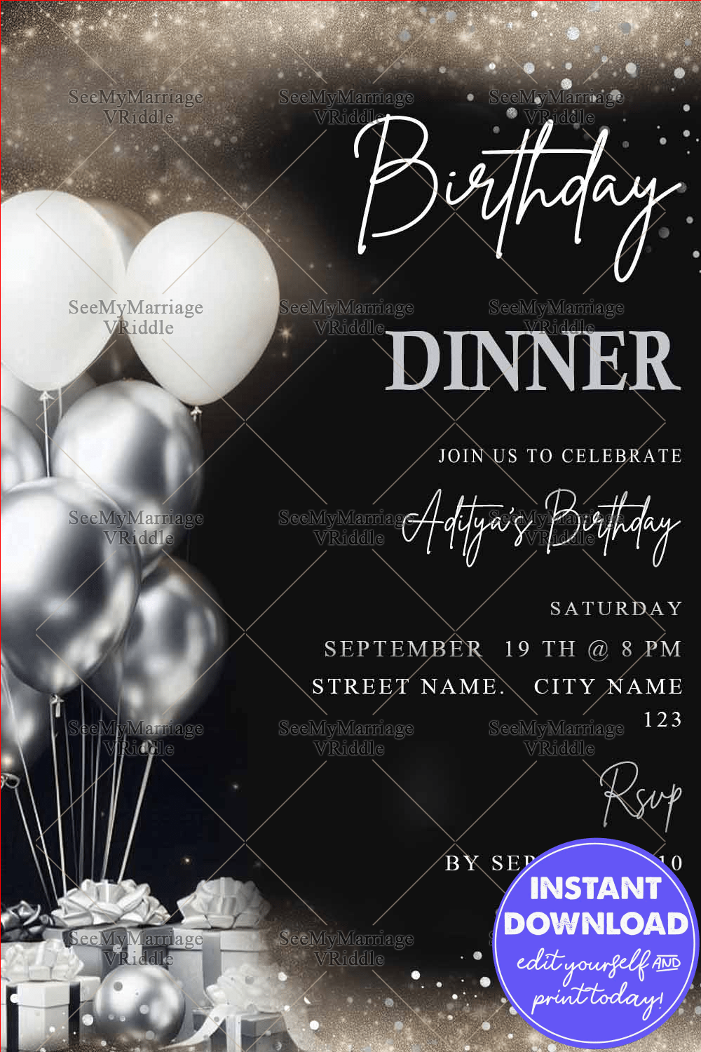 Chic Black and Silver Birthday Dinner Invitation with Balloons and Sparkling Accents