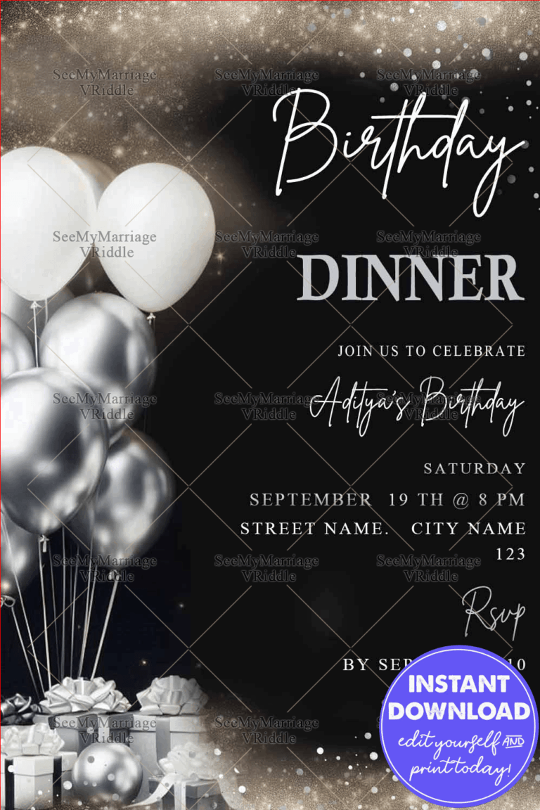 Chic Black and Silver Birthday Dinner Invitation with Balloons and Sparkling Accents