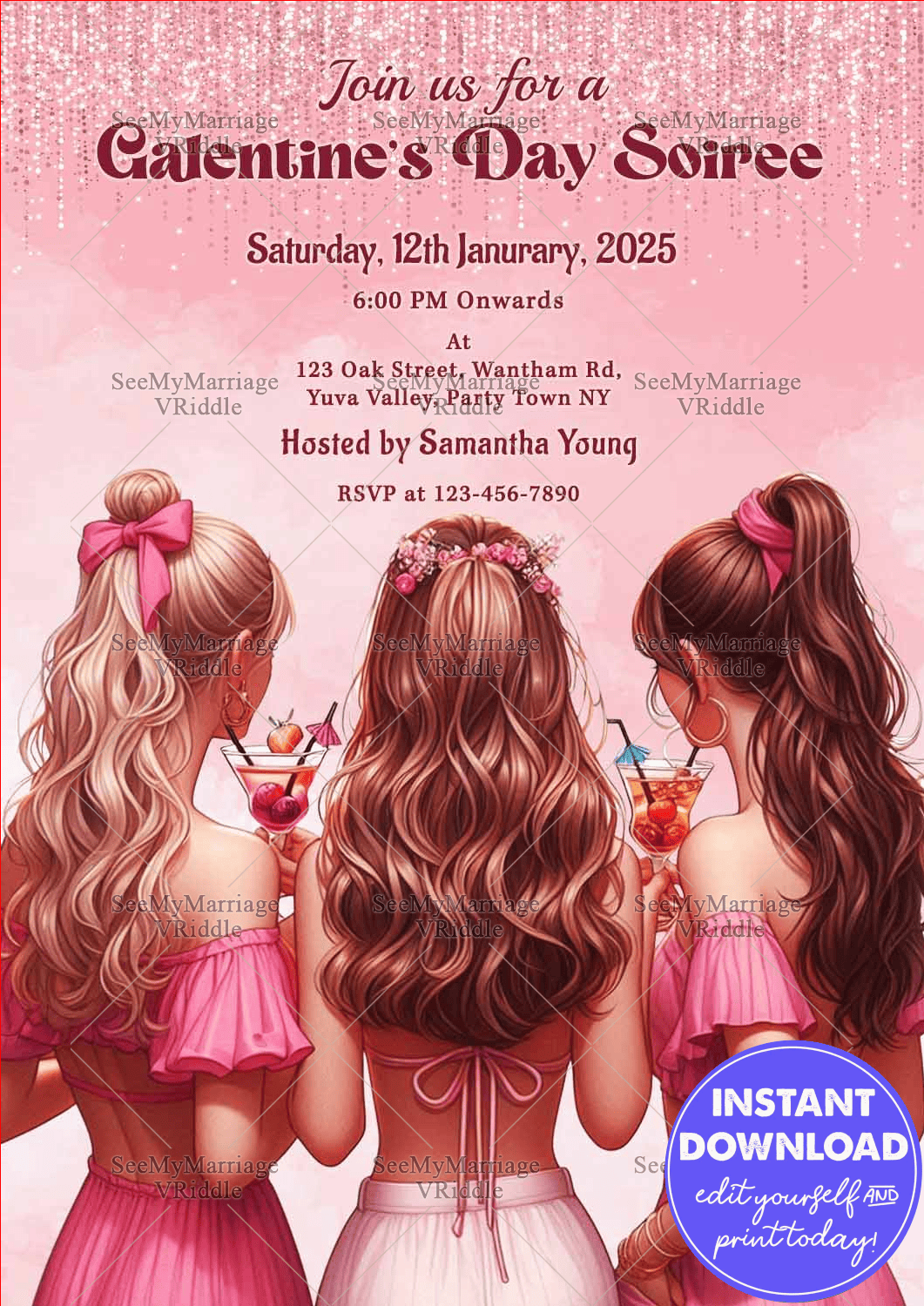 Chic Galentine’s Day Soiree Invitation with Sparkles and Stylish Pink Theme