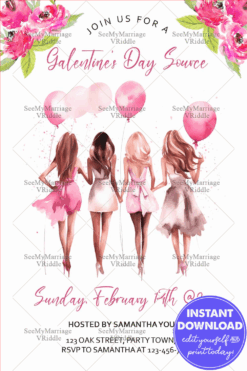 Chic Galentine's Day Soiree Party Invitation with Pink Balloons, Flowers and Girl Friends Illustration