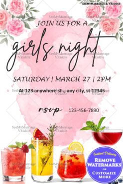 Chic Girls' Night Invitation with Pink Floral and Cocktail Theme
