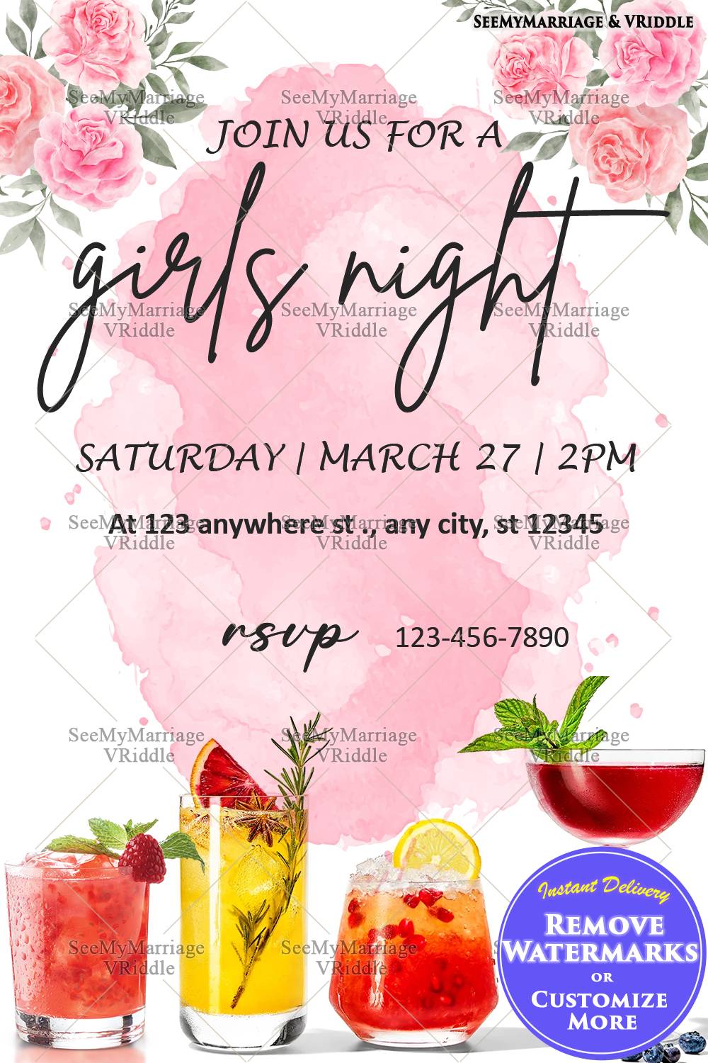 Chic Girls' Night Invitation with Pink Floral and Cocktail Theme