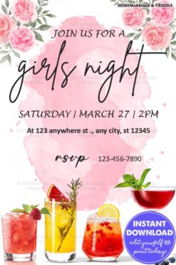 Chic Girls' Night Invitation with Pink Roses and Cocktail Drinks Illustrations