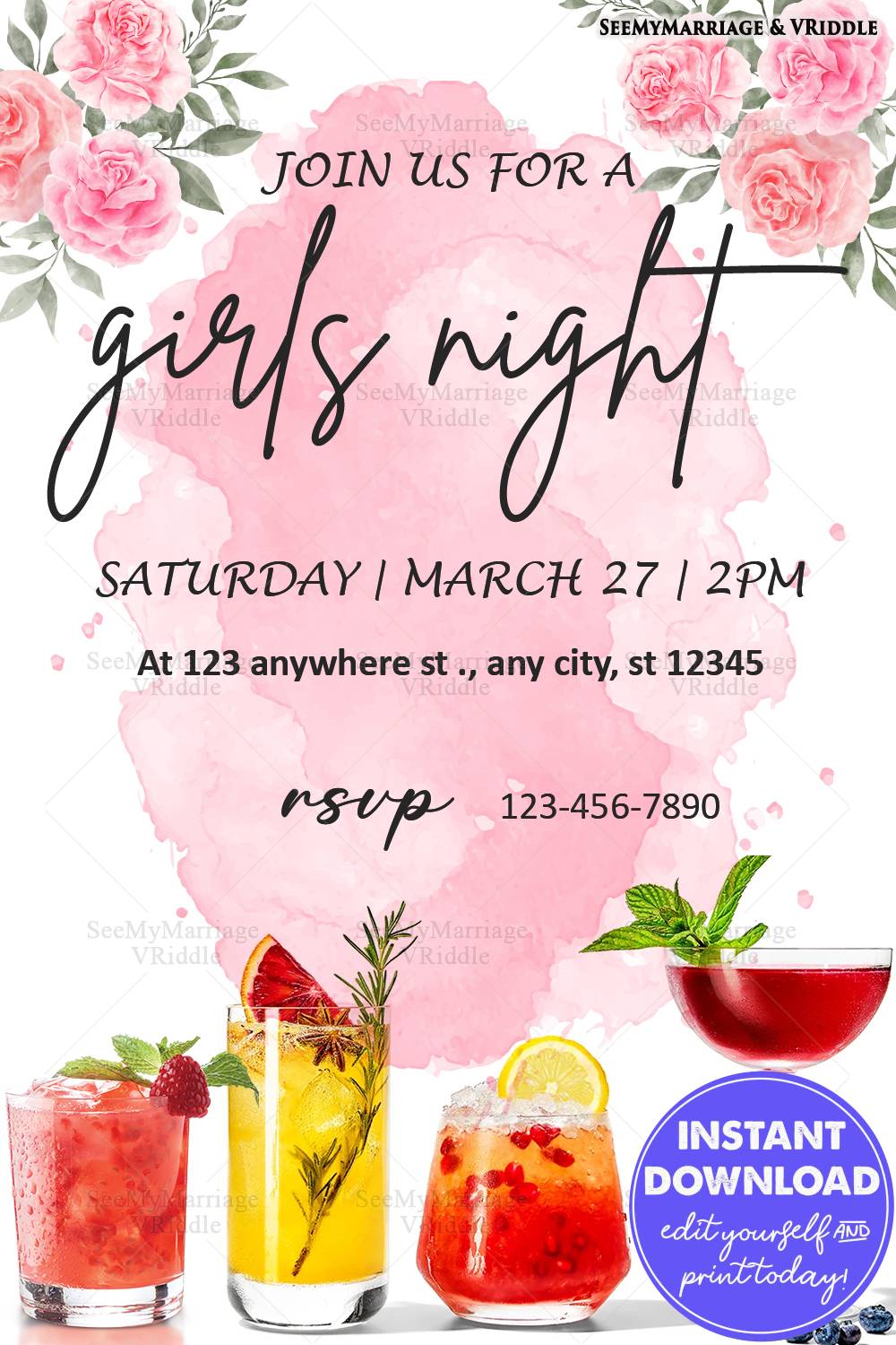 Chic Girls' Night Invitation with Pink Roses and Cocktail Drinks Illustrations