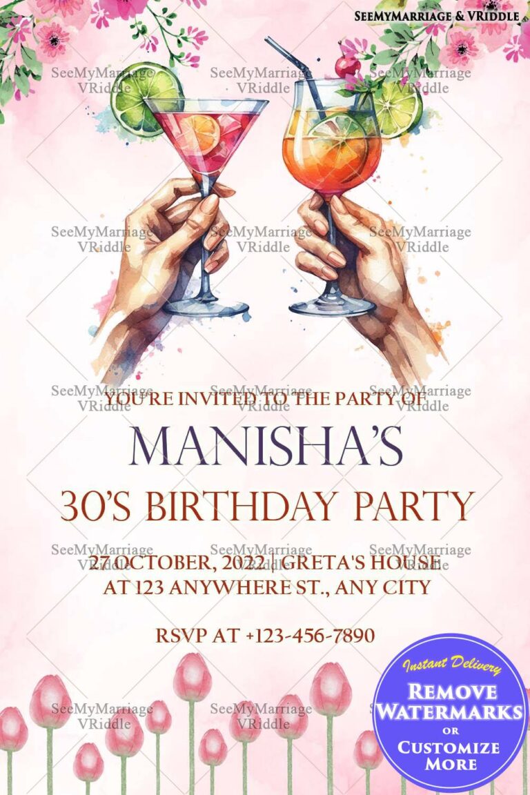 Chic Pink Feminine Birthday Invitation with Floral Watercolor Cocktails and Pink Flowers