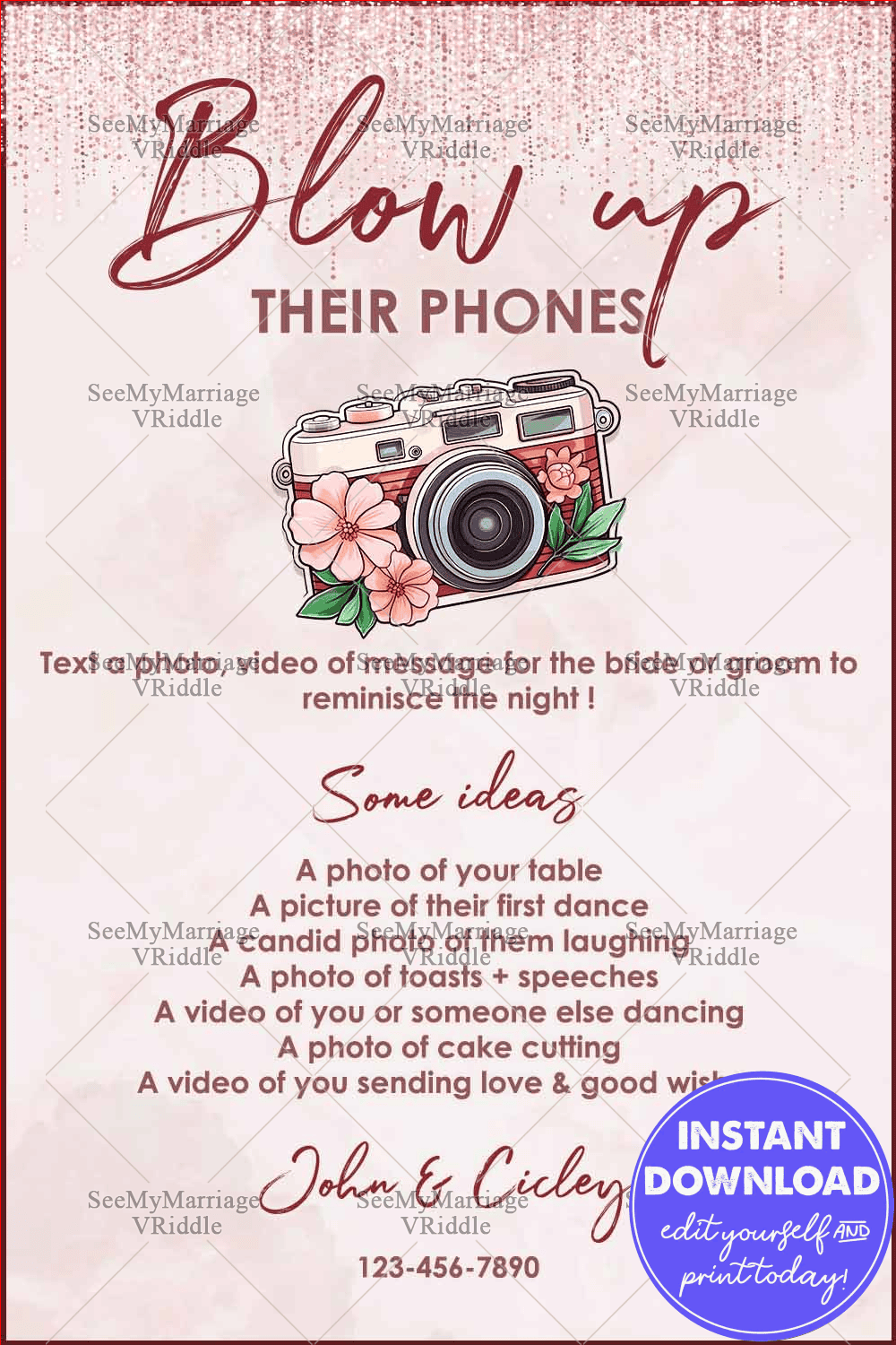 Chic Wedding Memory Poster in Glitter Pink Background for Guests to Share Photos and Videos with Personalized Ideas