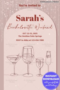 Chic and Minimalist Bachelorette Weekend Invitation with Wine Glasses Line Art and Glittering Pink Background