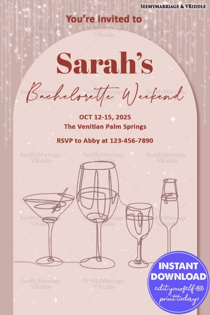 Chic and Minimalist Bachelorette Weekend Invitation with Wine Glasses Line Art and Glittering Pink Background