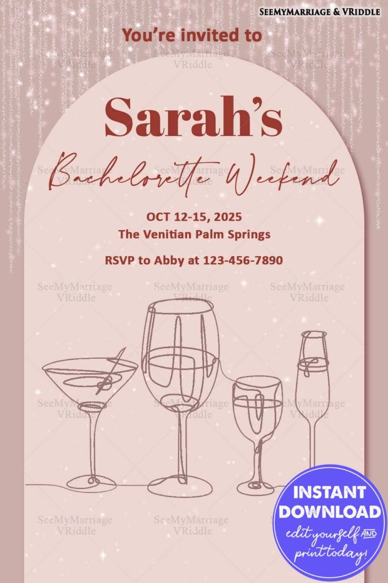 Chic and Minimalist Bachelorette Weekend Invitation with Wine Glasses Line Art and Glittering Pink Background