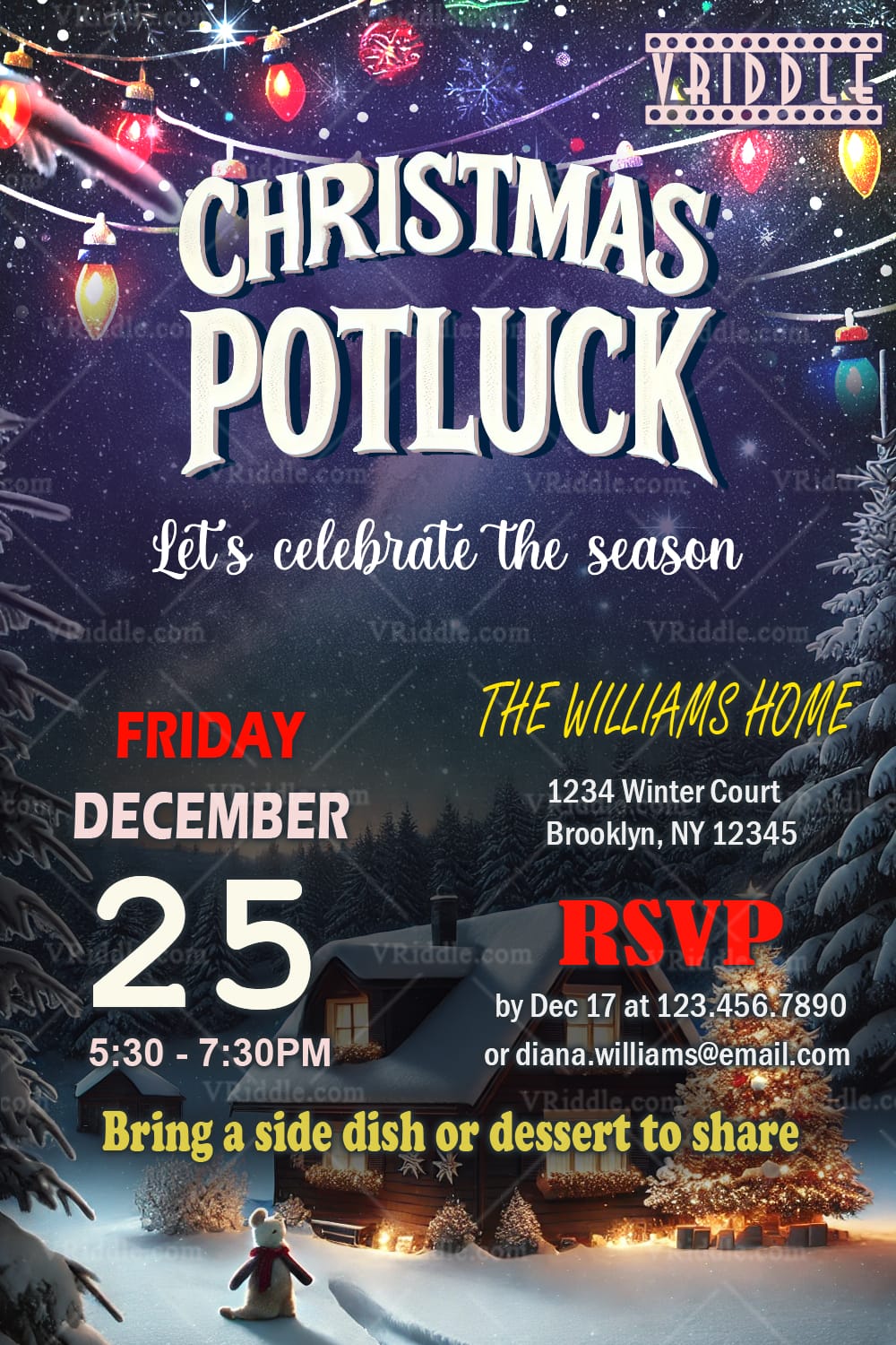 Christmas Potluck Invitation with Cozy Winter Scene and Festive Lights